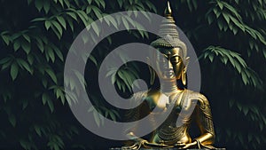 Serene ambiance is heightened by a golden Buddha statue enshrined amidst a sea of lush green leaves.