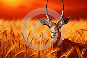 A serene antelope grazing peacefully in the golden african savannah during mesmerizing sunset