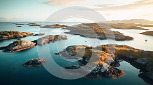 Serene Archipelago: A Captivating Aerial View Of Rocky Islands At Sunset photo