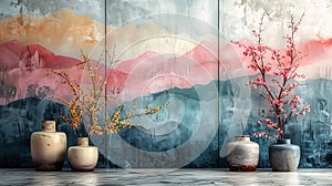 Serene Asian Elegance: A Blossoming Marble Oasis with a Hint of photo