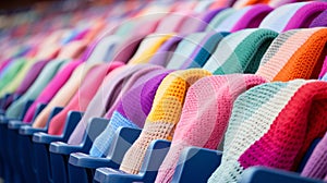 Serene Atmosphere: Colorful Knitted Blankets Cover Empty Stadium Seats AI Generated