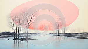 Serene Atmosphere: Printmaking With Pastel Colors And Minimalist Style