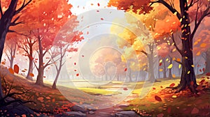 Serene Autumn Forest Scene With Colorful Falling Leaves