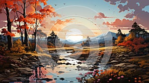 Serene Autumn Landscape: Abstract Sunset On Pond And River