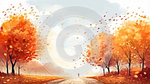 Serene Autumn Landscape: Digital Illustration With Colorful Falling Leaves