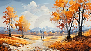Serene Autumn Landscape Painting With Colorful Falling Leaves
