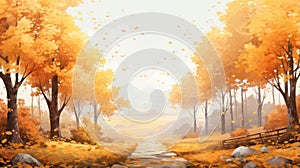 Serene Autumn Landscape Painting With Colorful Leaves And Soft Brush Strokes