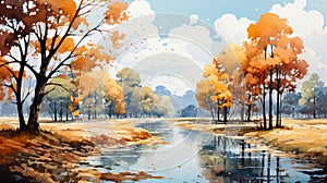 Serene Autumn Landscape Painting With River - High-resolution Watercolor Art