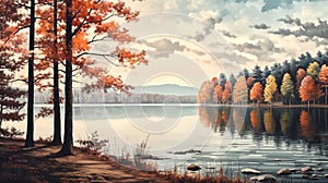 A serene autumn landscape with a reflective lake surrounded by trees