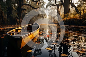 Serene Autumn River Scene with Canoe