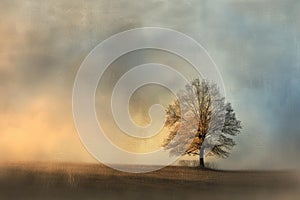 Serene Autumn Tree in Misty Field, Tranquil Nature Scene