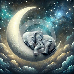 Baby Elephant Asleep On A Crescent Moon photo