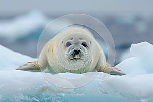 Serene baby seal pup on iceberg, gazing innocently in cinematic photorealistic photography