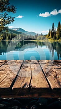 Serene background wooden table by a forest lake with copy space