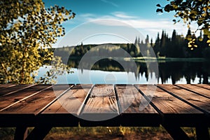 Serene background wooden table by a forest lake with copy space