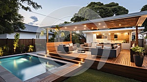 Serene backyard oasis featuring poolside outdoor furniture for ultimate relaxation and leisure