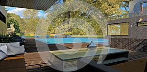 A serene backyard patio setting in an advanced design villa. Comfortable furniture and decking near the pool. A jug of