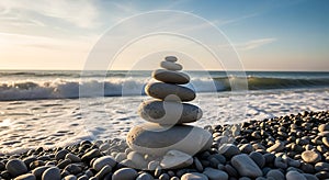 Zen Stone Stack on Pebble Beach at Sunset