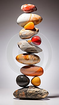 A perfectly balanced zen arrangement stack of colorful stones rocks