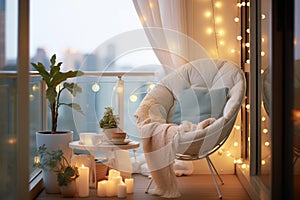 serene balcony with a papasan chair and fairy lights