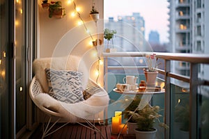 serene balcony with a papasan chair and fairy lights