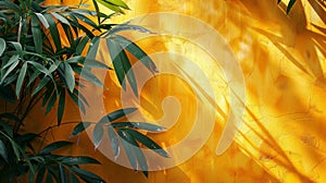 Vibrant bamboo background with green bamboo leaves against a warm yellow backdrop. photo