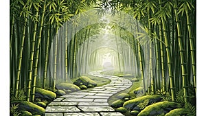 Serene Bamboo Forest Path with Stone Steps and Lush Greenery