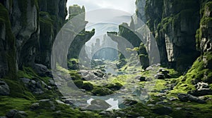 Serene Baroque Sci-fi Valley With Moss And Stone photo