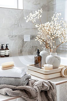 Serene Bathroom Vanity Display Featuring Natural Skincare Products in Sunlit Room