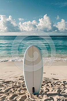 Serene Beach Day with Pristine White Surfboard on Sandy Shore