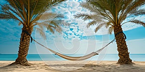 Serene beach hammock between palm trees, idyllic getaway. peaceful relaxation spot, perfect summer scene. travel and