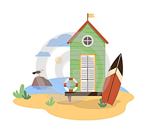Serene beach hut with surfboard vector illustration