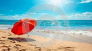 A serene beach with a red umbrella, golden sand, sparkling ocean waves and clear blue skies.