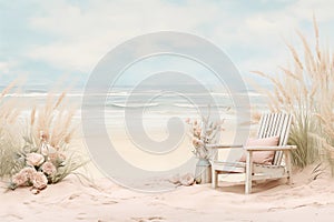 Serene beach scene with elegant chair and floral decor