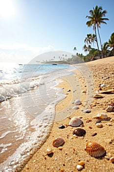 Shells on sunny beach with tropical background