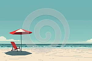Serene Beach Scene with Single Red Chair and Umbrella, Perfect for Vacation and Relaxation Themes
