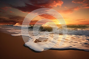 Serene beach scene at sunset, with waves crashing on the shore. Generative AI