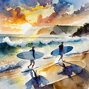 Serene beach scene with two surfers at sunset, rendered in watercolor style