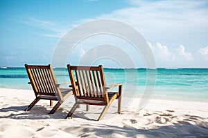 Serene Beach Scene With Two Wooden Chairs on White Sand