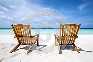 Serene Beach Scene With Two Wooden Chairs on White Sand