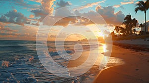 Serene beach scene with waves and clouds at sunrise