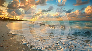 Serene beach scene with waves and clouds at sunrise