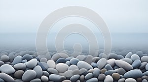 Serene beach with smooth grey pebbles fading into the clear misty water. Calm ocean, quiet seascape. Generative AI