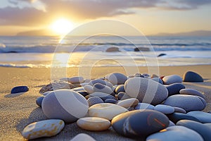 Serene Beach Sunrise with Pebbles