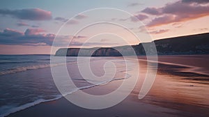 Serene Beach at Sunset with Calm Waves and Soft Clouds Reflecting on Water