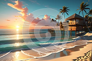 A Serene Beach at Sunset Captured in a Digital Render: Waves Gently Lapping the Shore, Golden Sunlight Illuminating the Horizon