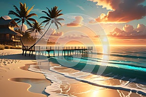 A Serene Beach at Sunset Captured in a Digital Render: Waves Gently Lapping the Shore, Golden Sunlight Illuminating the Horizon
