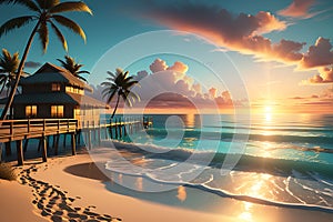 A Serene Beach at Sunset Captured in a Digital Render: Waves Gently Lapping the Shore, Golden Sunlight Illuminating the Horizon