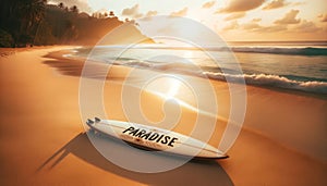 Serene Beach Sunset with Vintage Surfboard and \'PARADISE\' - AI Generated