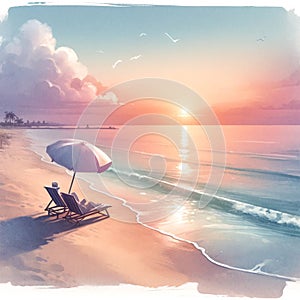 Serene Beach Sunset Watercolor Vector Illustration